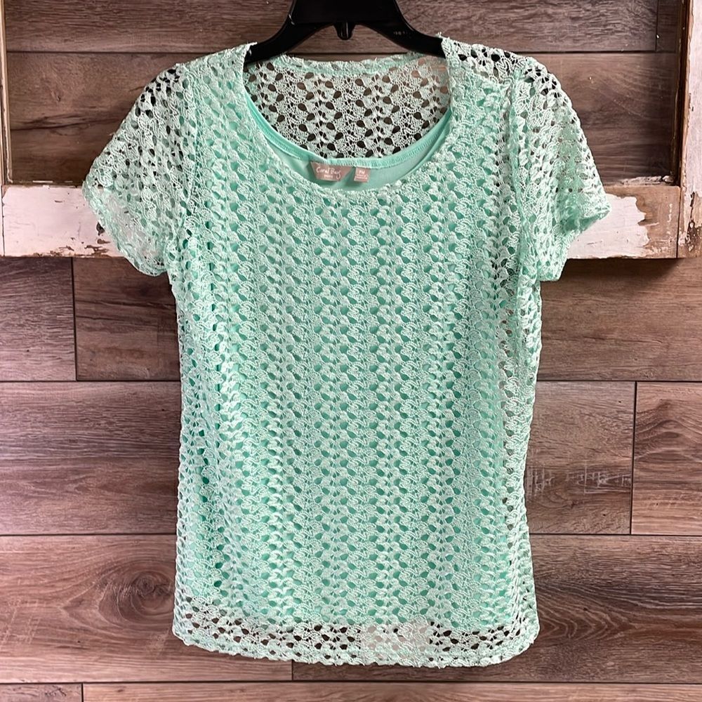 Coral Bay Petite Ladies Short Sleeve Lace Top, Size Petite Medium, Mint Green